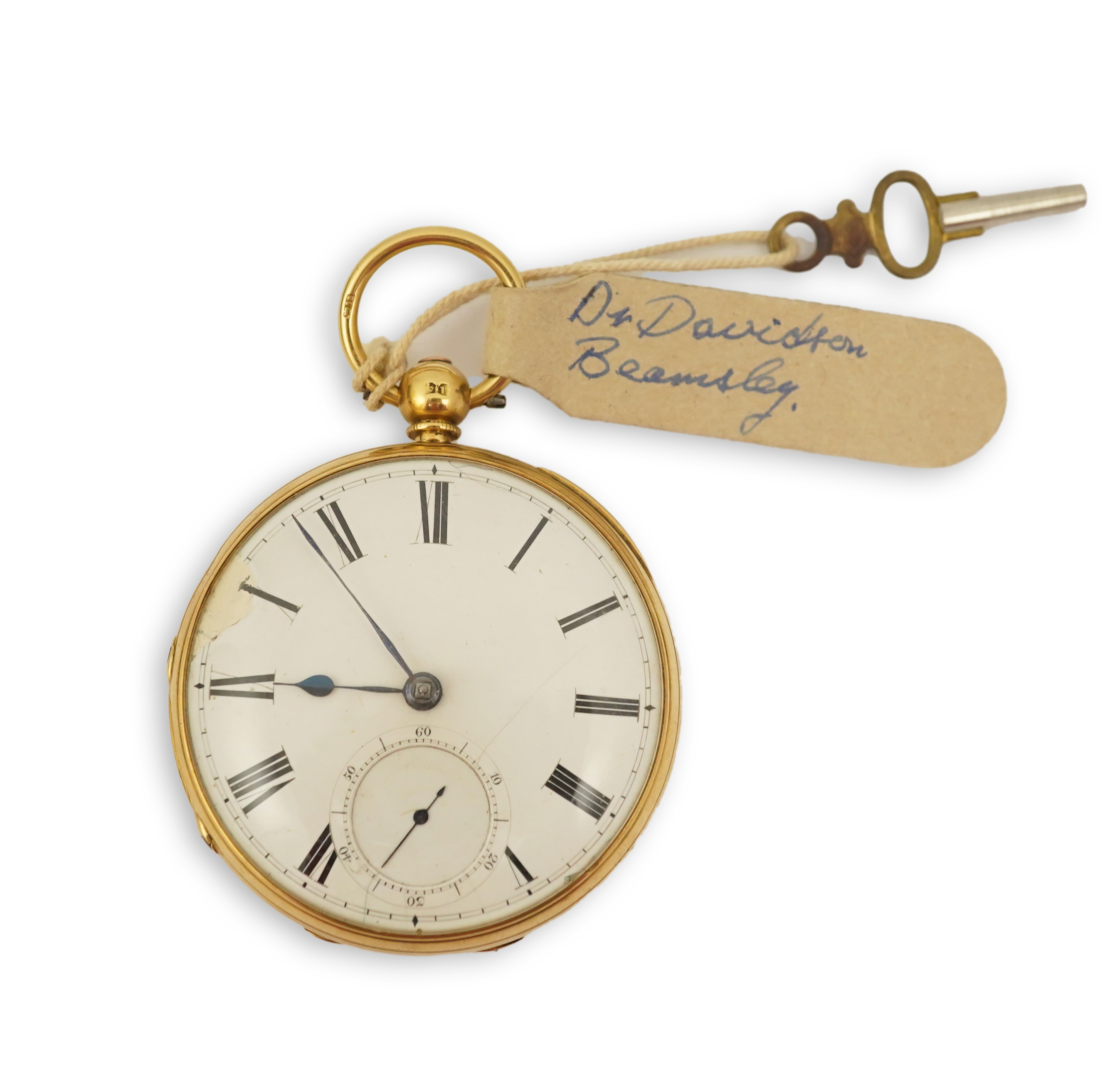 A Victorian engine turned 18ct gold open faced key wind pocket watch